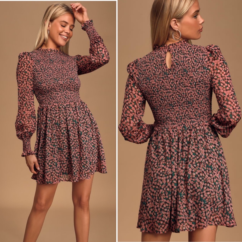 Lulu’s Floral Print Smocked Skater Dress in Pink and Green Size Large